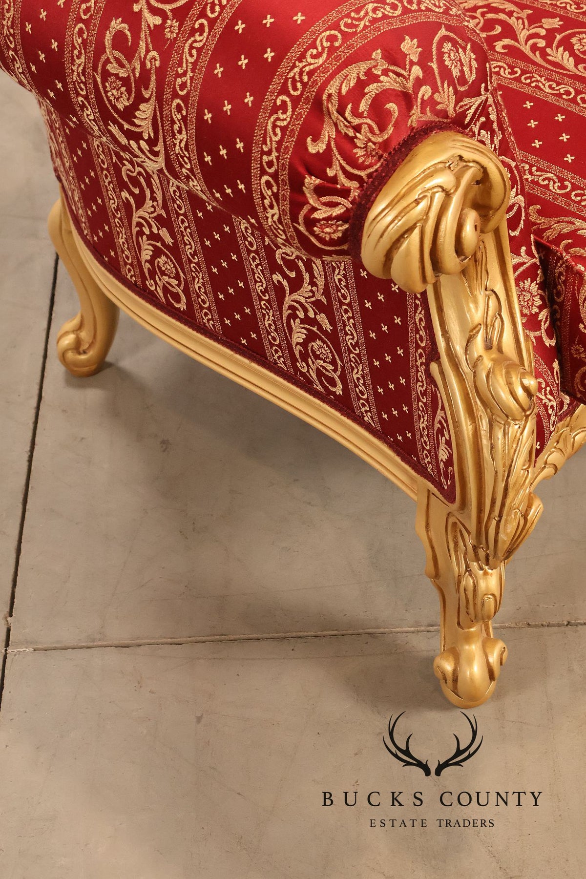 Baroque Style Pair Of Giltwood Armchairs With Red Damask Upholstery