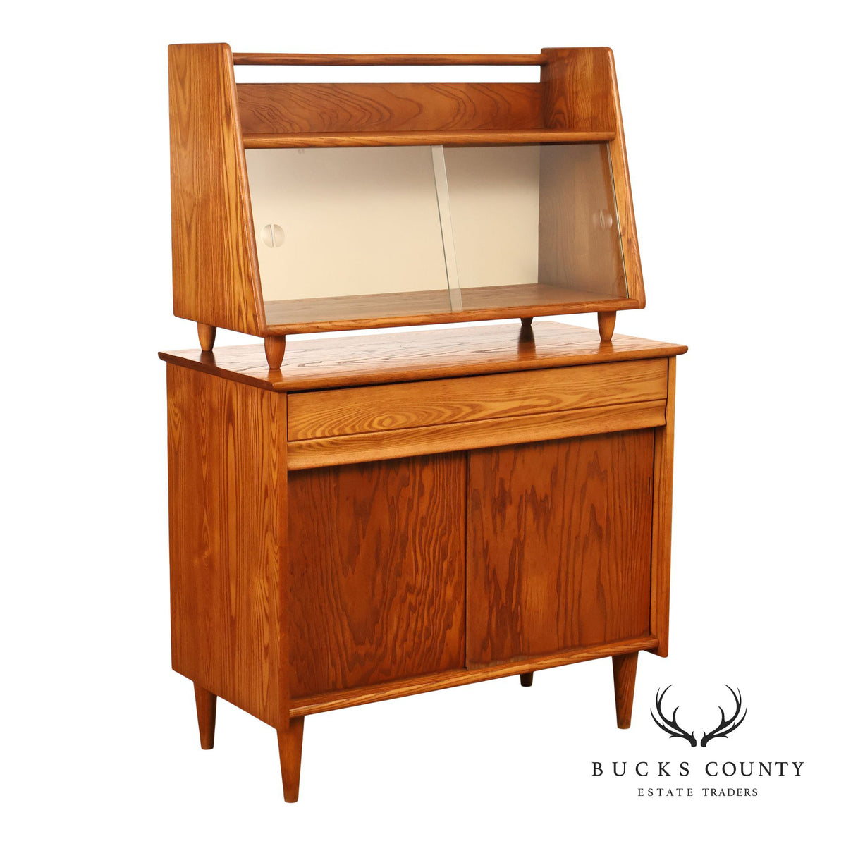 Mid Century Modern Two-Piece Oak and Glass China Cabinet