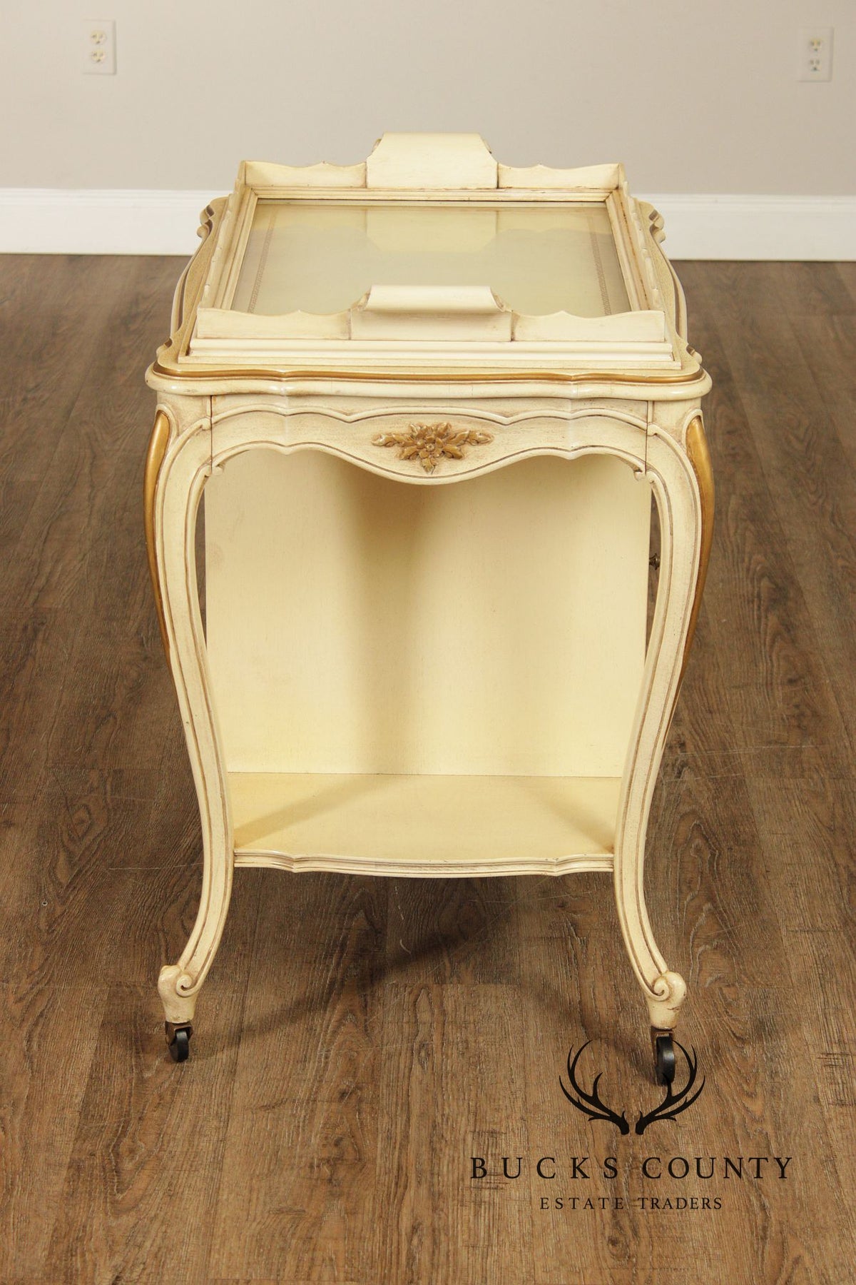 French Provincial Style Vintage Painted Tray Top Bar Cart