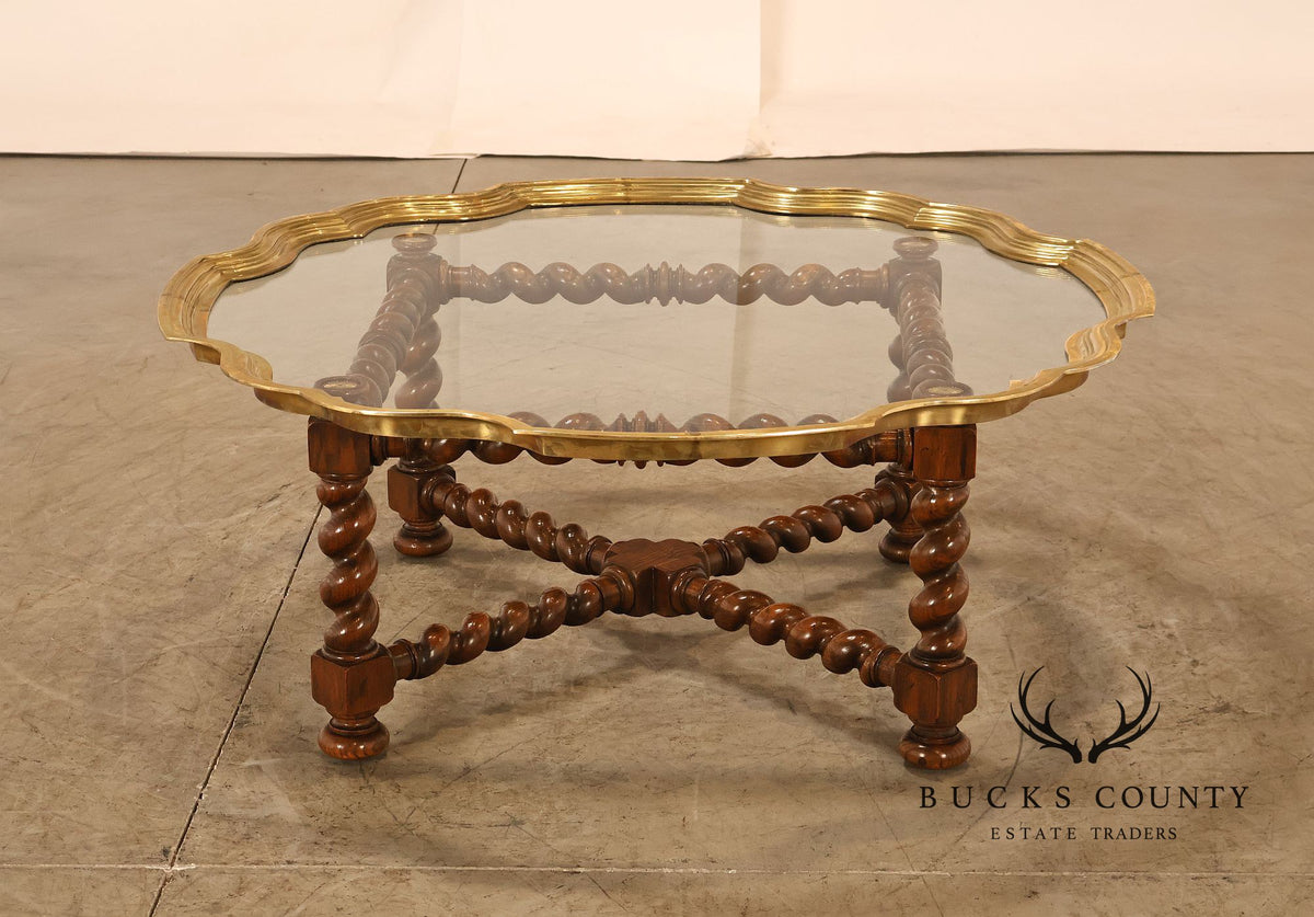 Baker Vintage Oak Barley Twist Scalloped Brass And Glass Top Coffee Table