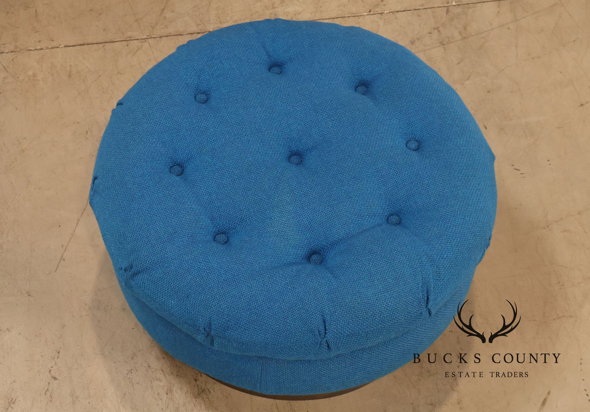 Vintage Schnadig Mid Century Modern Round Blue Upholstered Ottoman