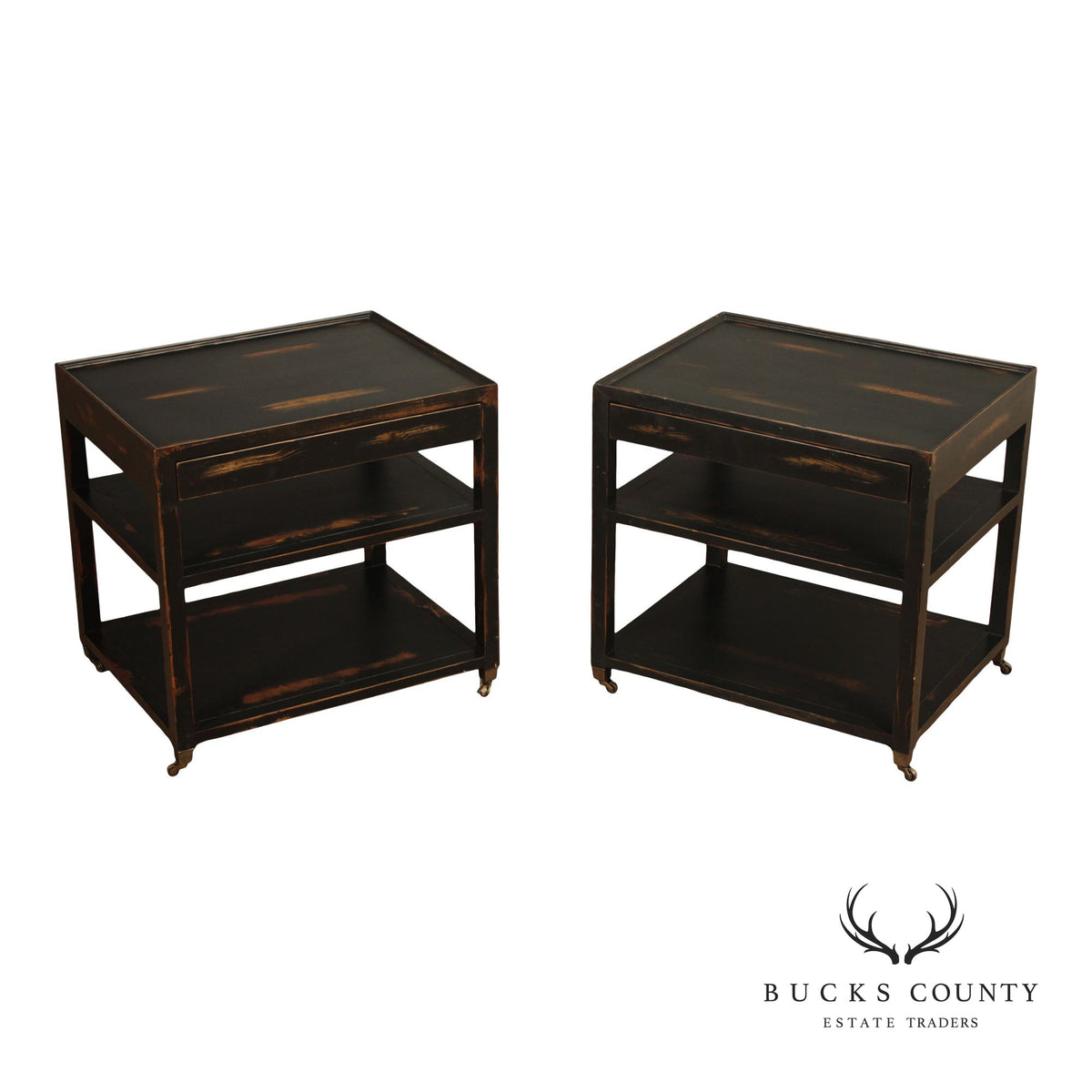 Industrial Style Pair of Ebonized Rolling End Tables