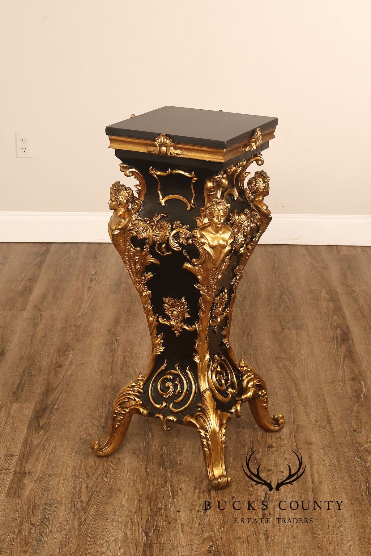 Italian Renaissance Style Pair of Slate Top Figural Carved Pedestals