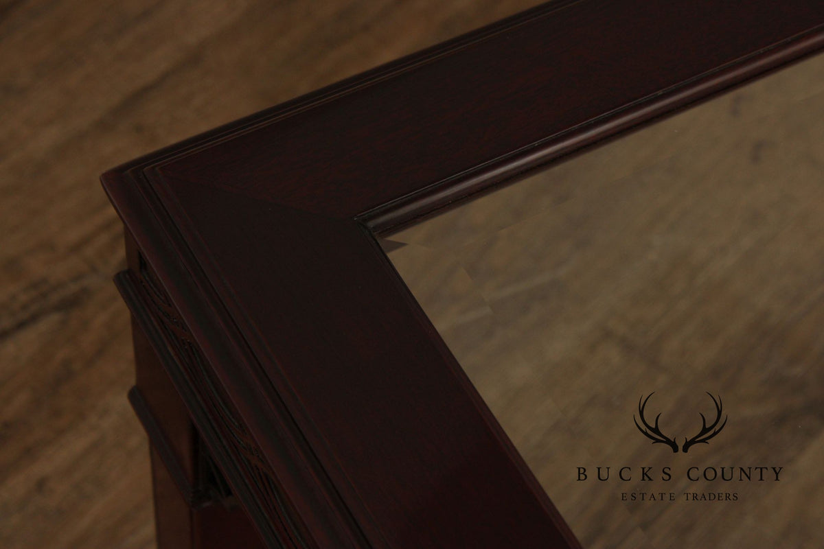 Kindel Chinese Chippendale Style Glass Top Mahogany Coffee Table