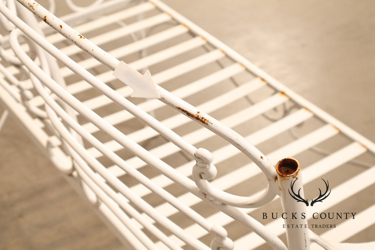 Woodard Vintage White Painted Wrought Iron Garden Bench With Scrollwork Back