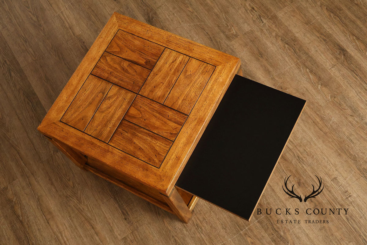 Drexel Heritage Pair Of Rustic Square End Tables With Pull Out Trays