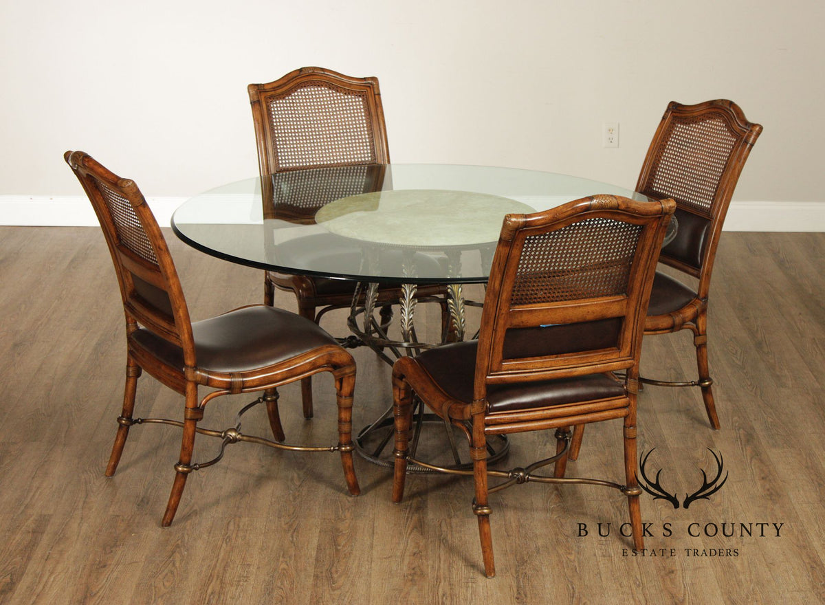Drexel Heritage Coastal Style Round Glass Top Dining Table With Four Cane Back Chairs