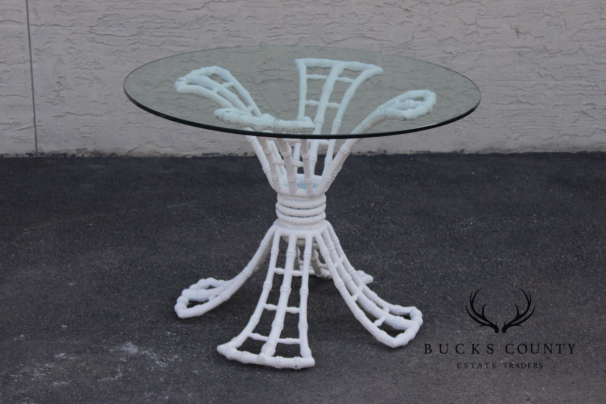 Hollywood Regency Cast Aluminum Faux Bamboo Round Glass Top Patio Table