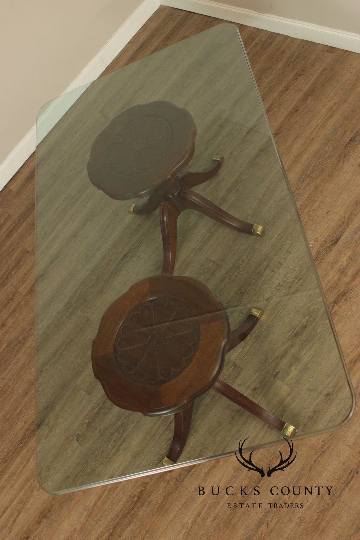 Georgian Style Mahogany Double Pedestal Glass Top Dining Table