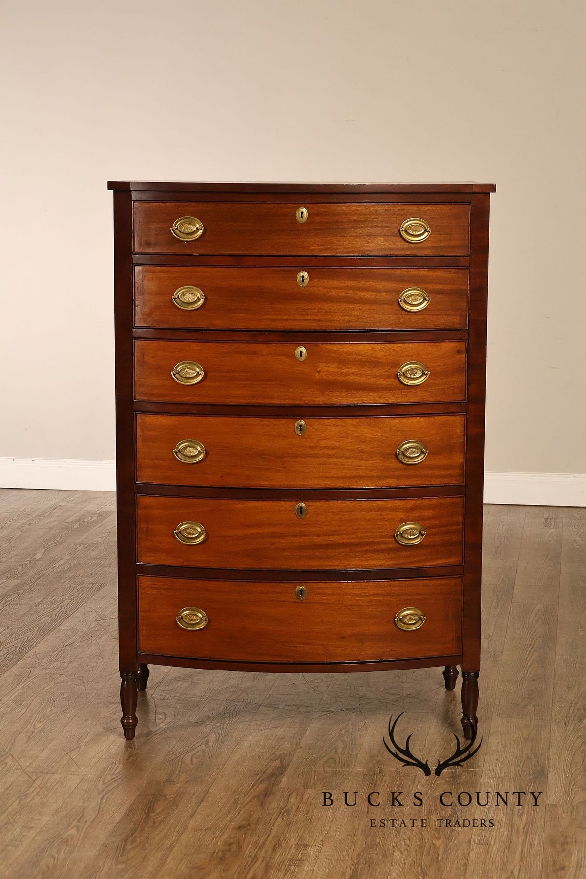 Antique Hepplewhite Style Mahogany Bow Front Six-Drawer Tall Chest