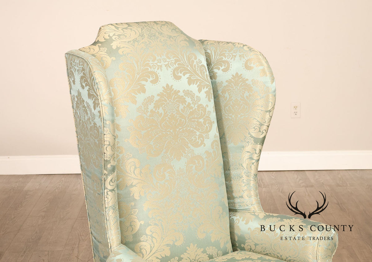 Quality Vintage Pair Of High Back Damask Upholstered Wing Chairs