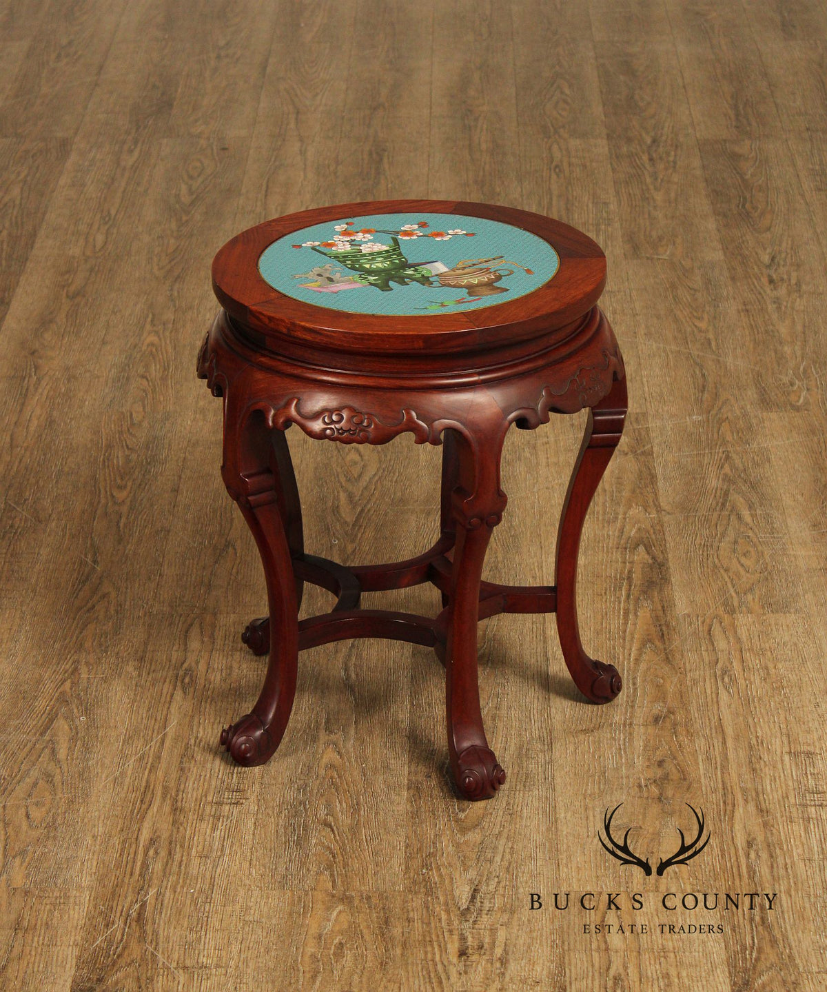 Pair of Chinese Style Cloisonné Inset Top Hardwood Accent Tables