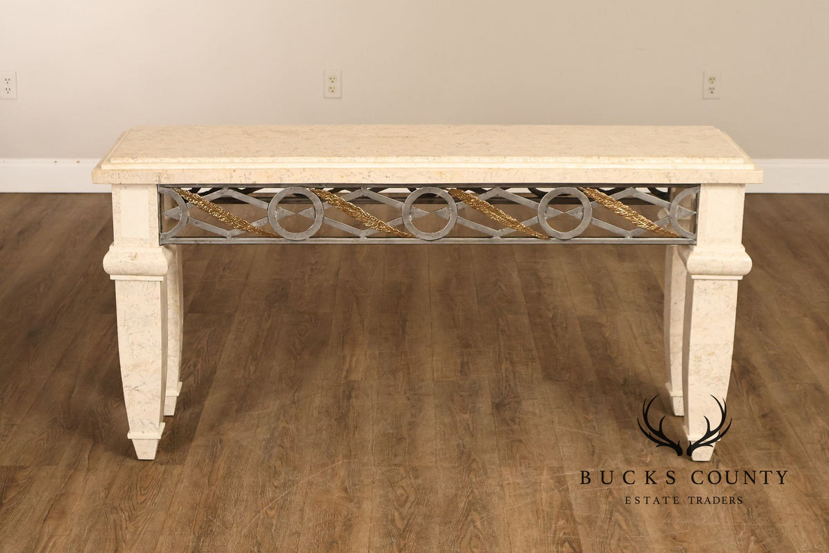 Neoclassical Style Travertine Console Table With Metal Stretcher