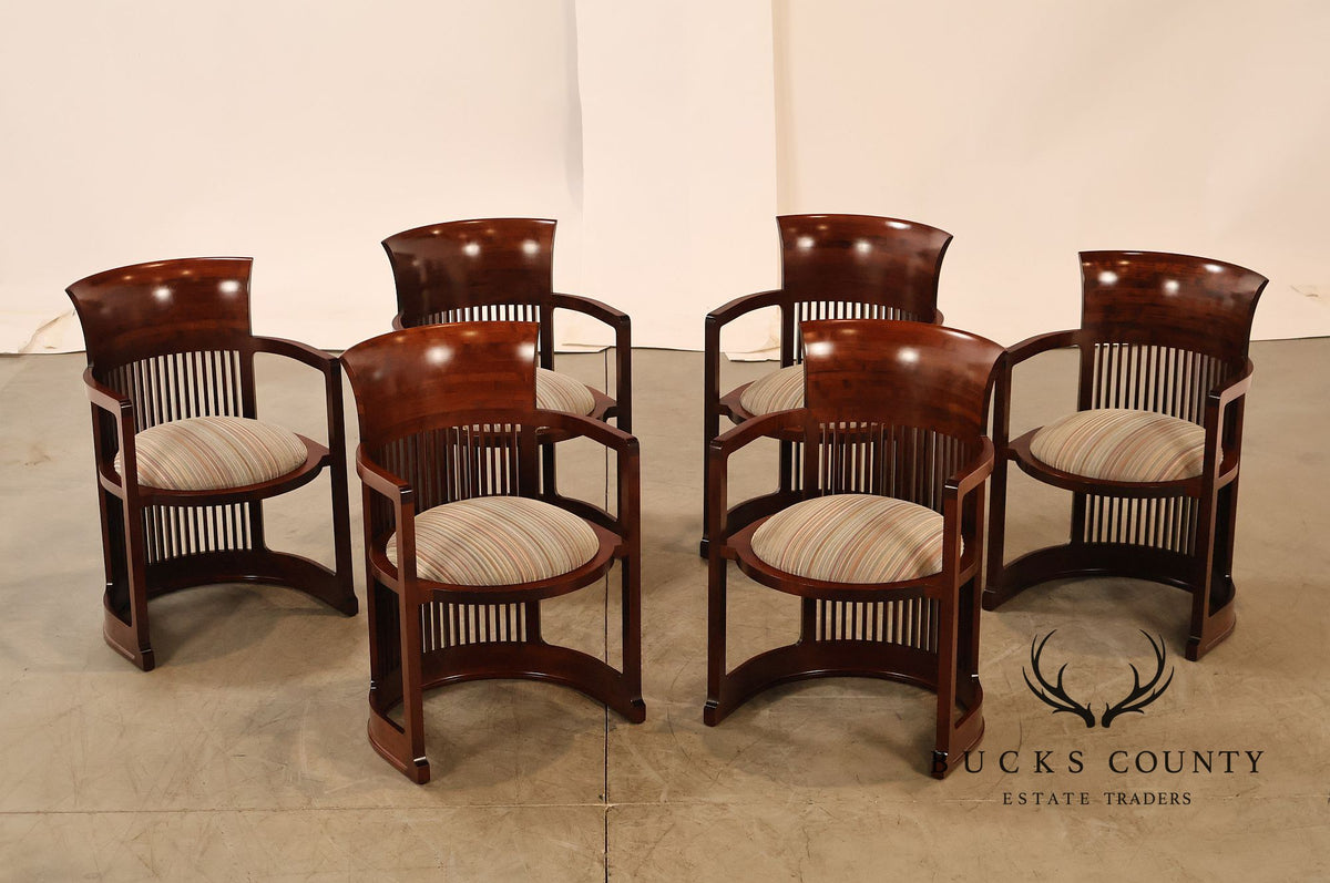 Cassina Frank Lloyd Wright Model 606 Set Of Six Cherry Barrel Dining Armchairs