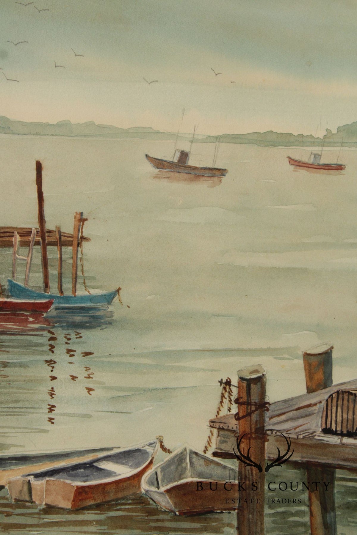 Bertha Ann Stupak Watercolor Painting, Boats in Harbor