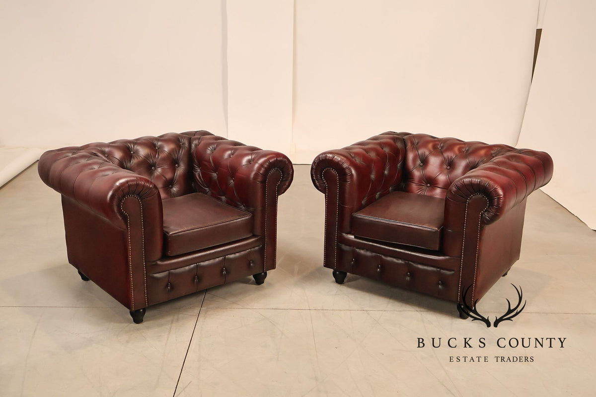 Chesterfield Style Pair of Oxford Red Leather Club Chairs