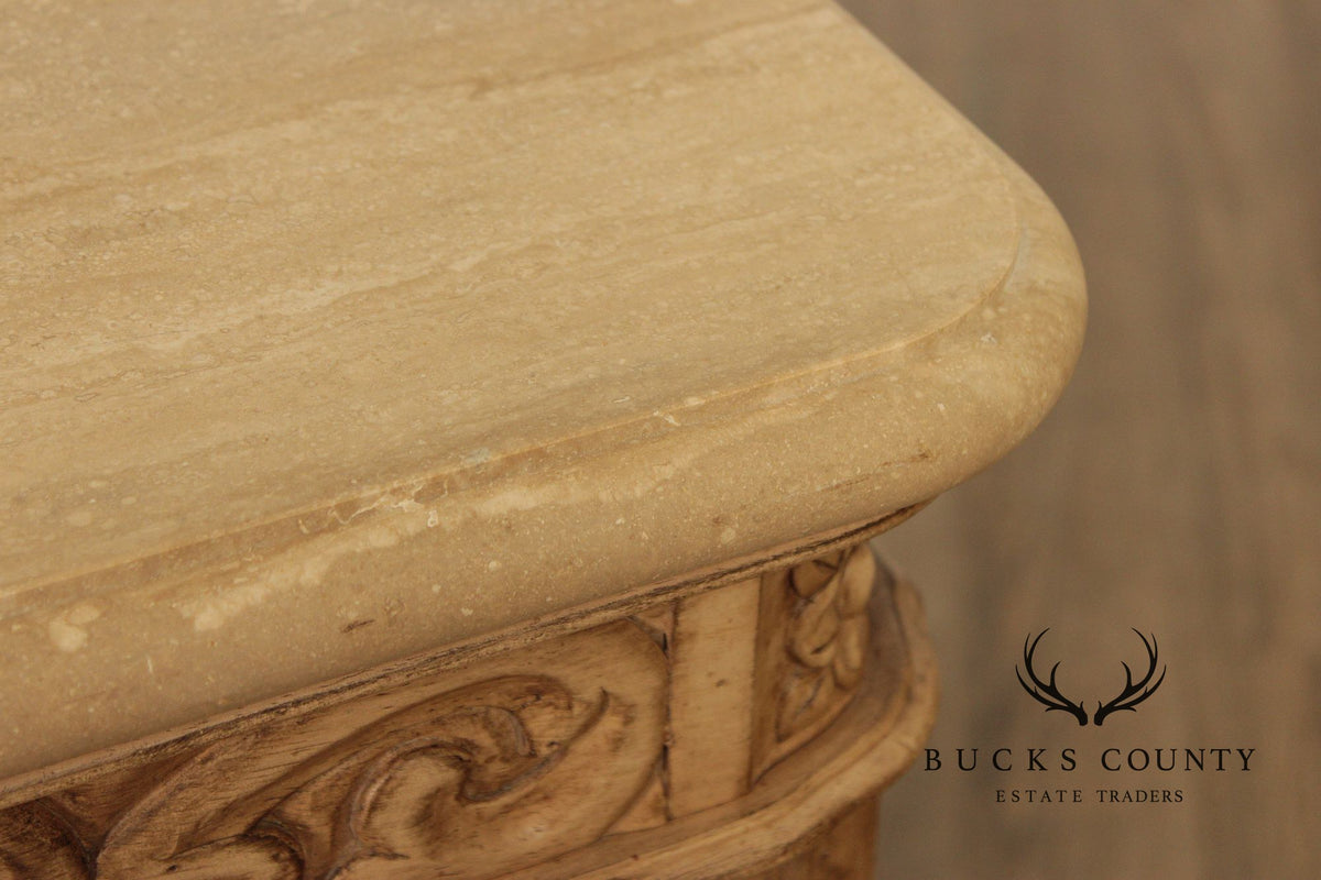 Bernhardt Tuscan Style Carved Cerused Oak Sideboard With Travertine Top