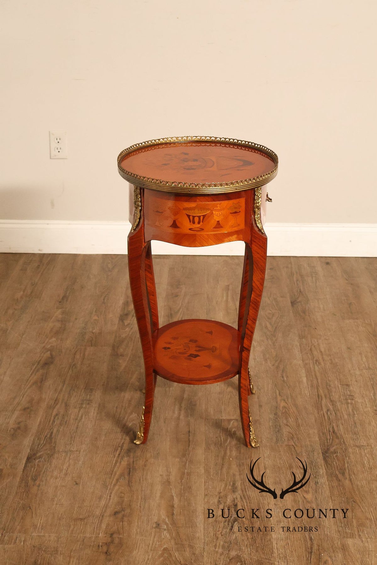 French Louis XVI Style Inlaid Oval Accent Table With Ormolu Mounts