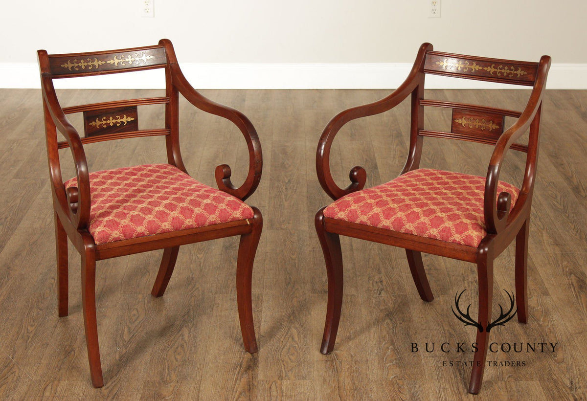 Antique English Regency Style Pair of Rosewood Brass Inlaid  Armchairs