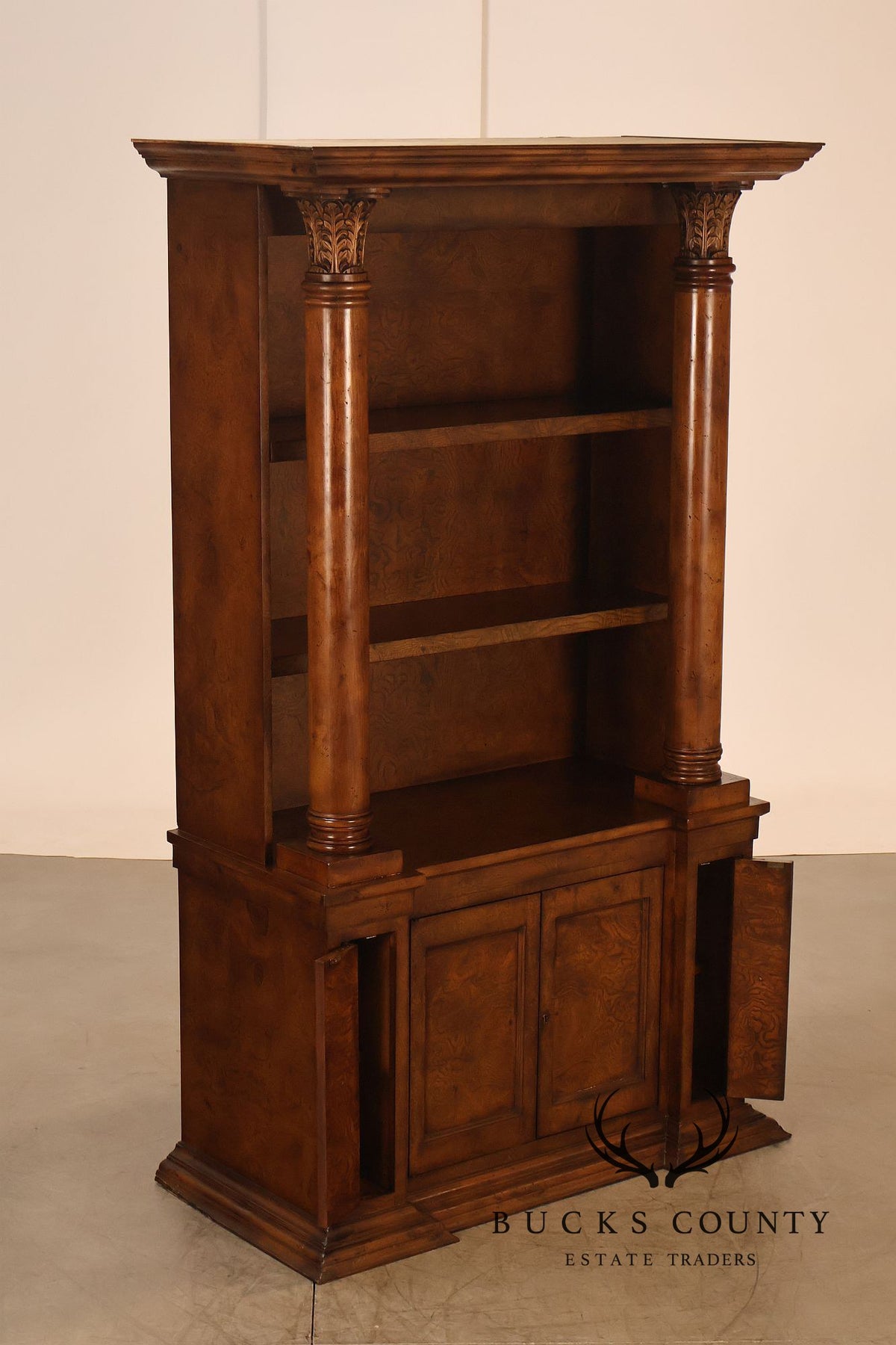 Large Classical Style Burl Wood Open Bookcase With Corinthian Columns