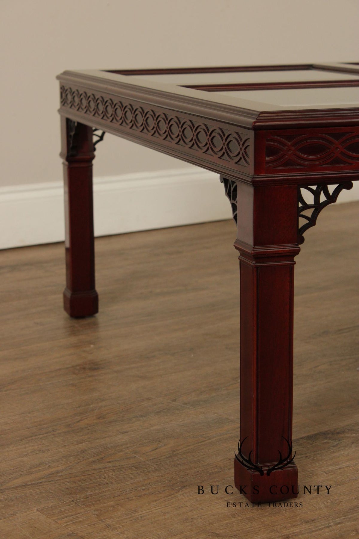 Kindel Chinese Chippendale Style Glass Top Mahogany Coffee Table