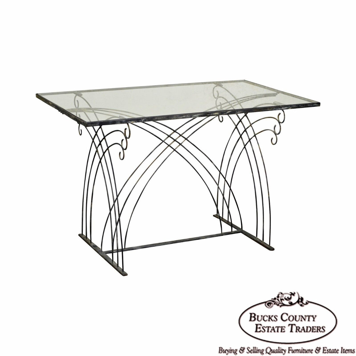 Art Deco Vintage Studio Wrought Iron Glass Top Patio Console Table