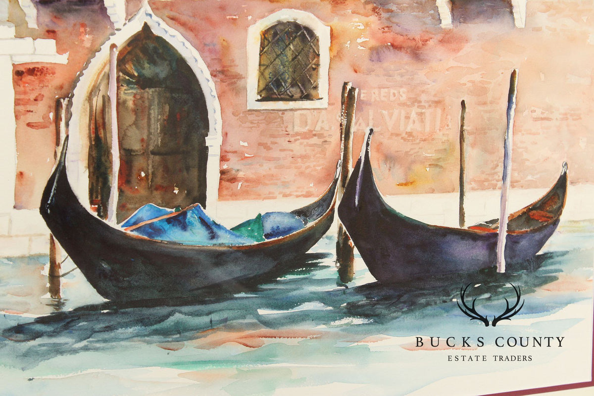 Judy Antonelli Framed Watercolor Painting, 'The Waiting Gondolas'
