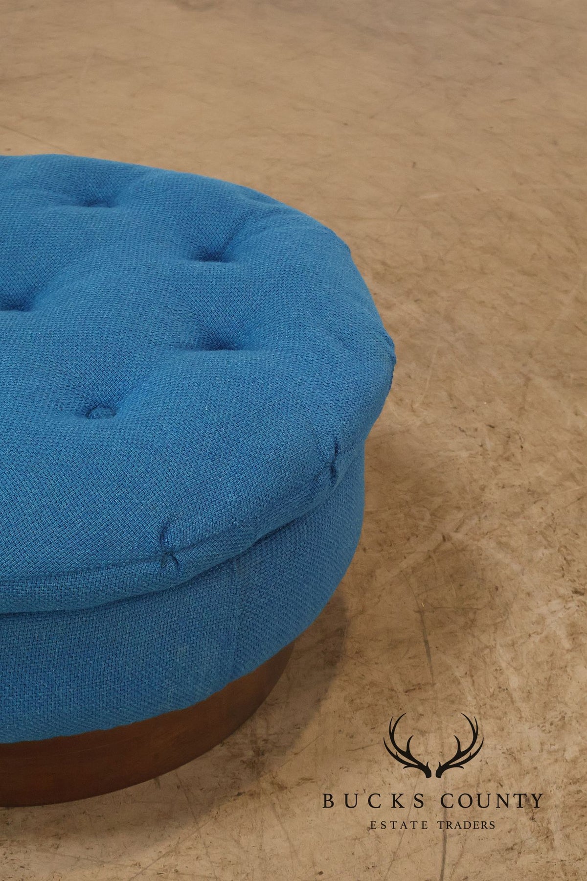 Vintage Schnadig Mid Century Modern Round Blue Upholstered Ottoman