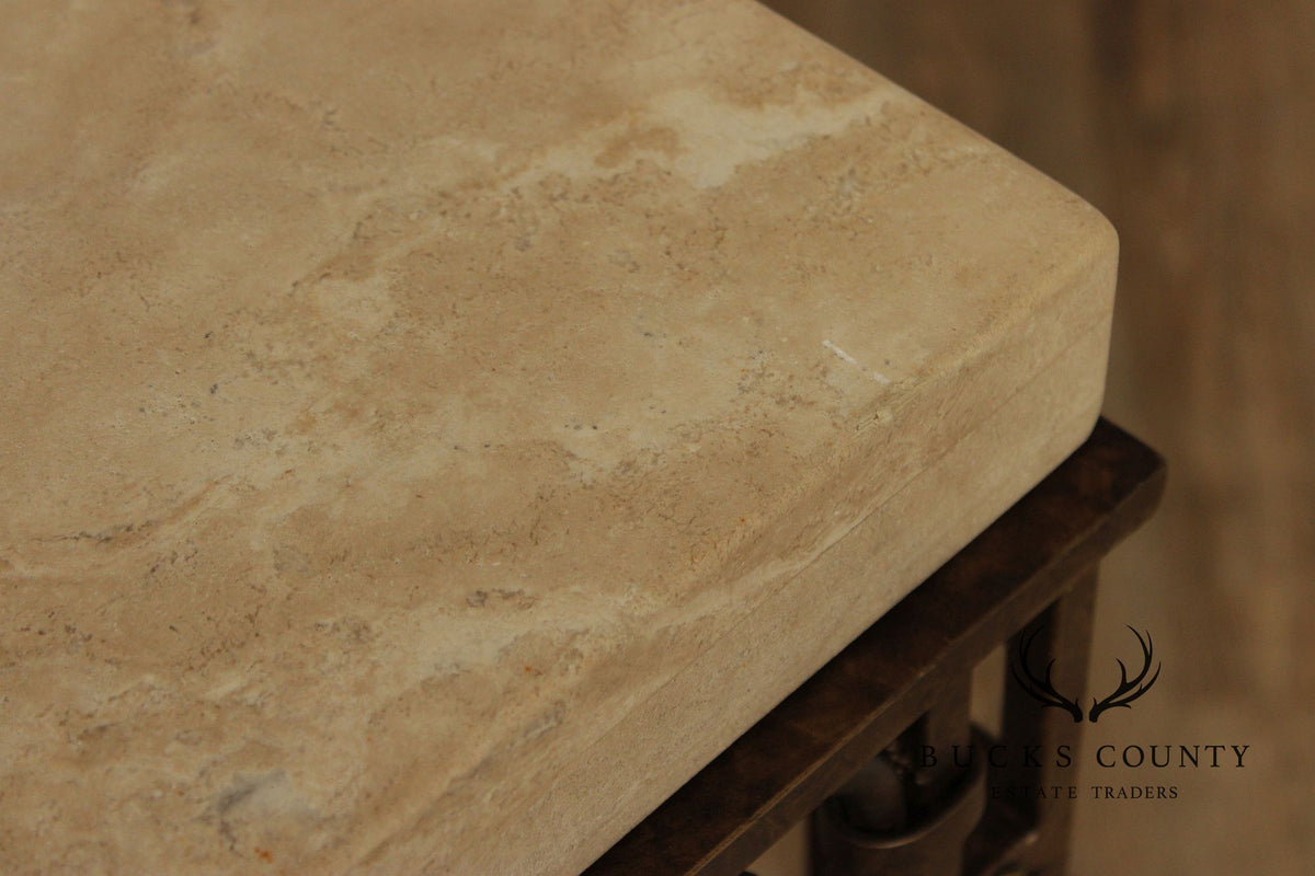 Wrought Iron Travertine Top Long Console Table