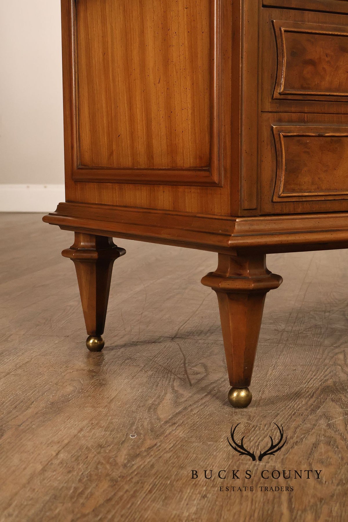 Pair Of Neoclassical Style Travertine Top Three Drawer Nightstands