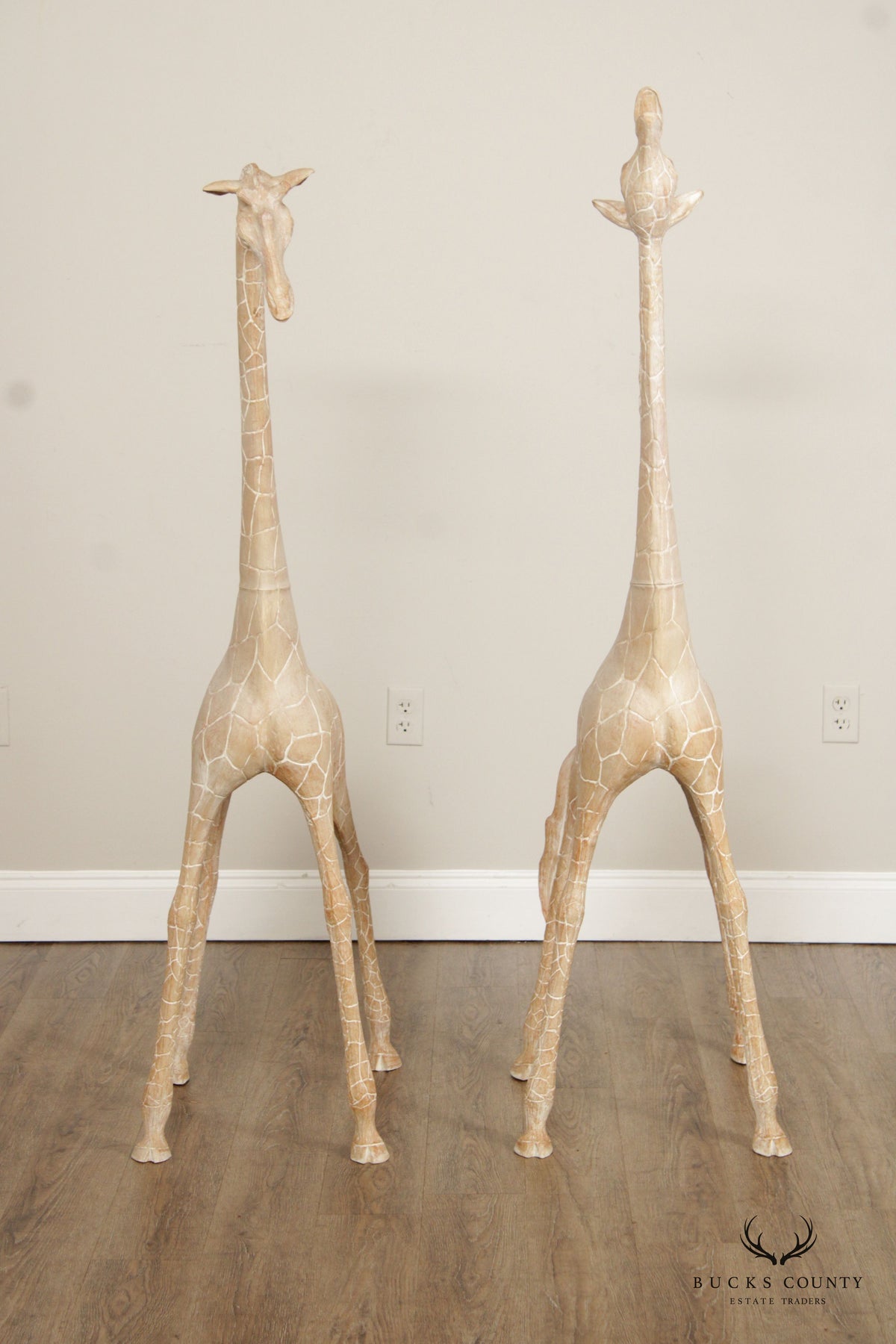 Pair of Tall Vintage Carved Wood Giraffe Sculptures