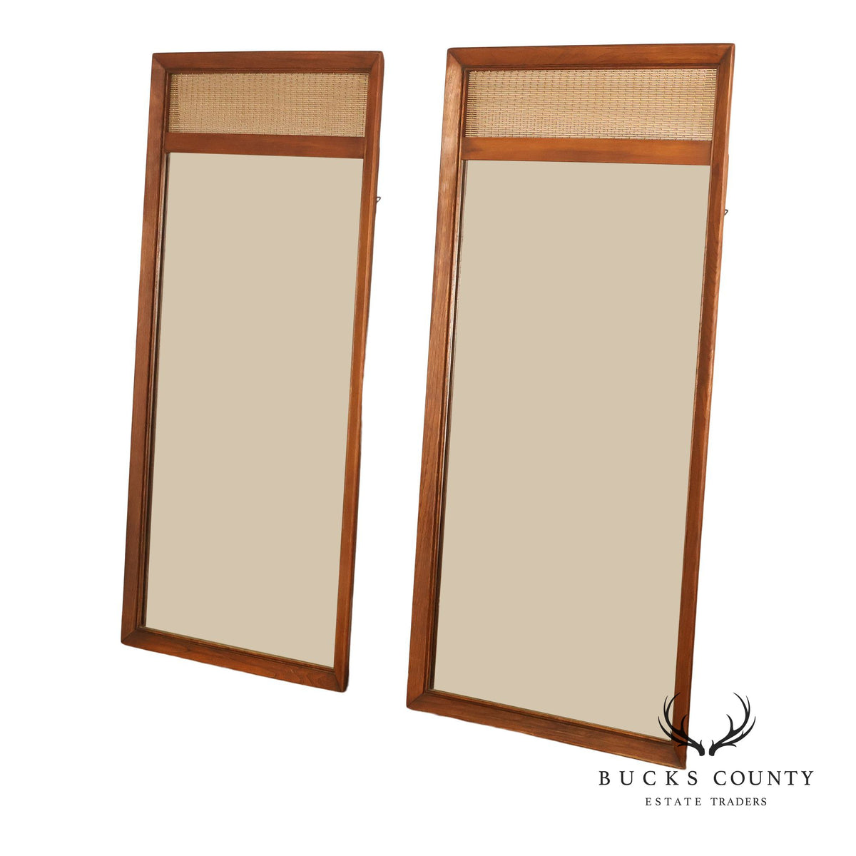 Mid Century Modern Pair of Walnut and Woven Brass Wall Mirrors