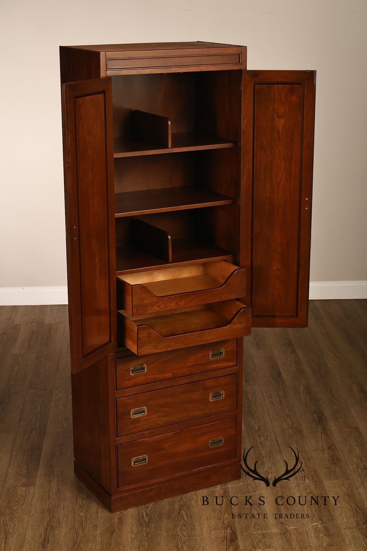 Ethan Allen Campaign Style Pair of Walnut Armoires