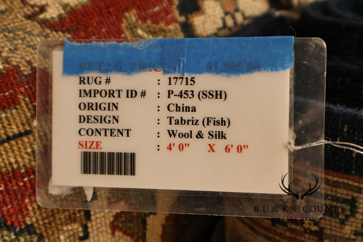 Chinese Tabriz Fish Pattern Hand Woven Wool & Silk Area Rug 4' x 6'