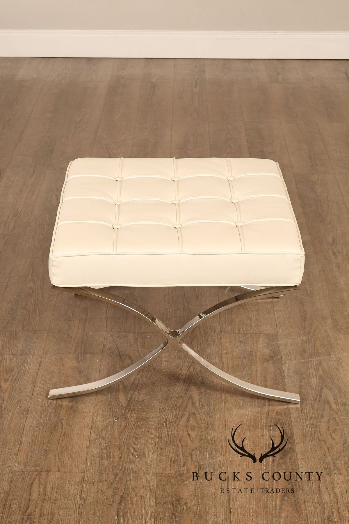 White Barcelona Style Pair Of Leather Stools With Chrome Bases