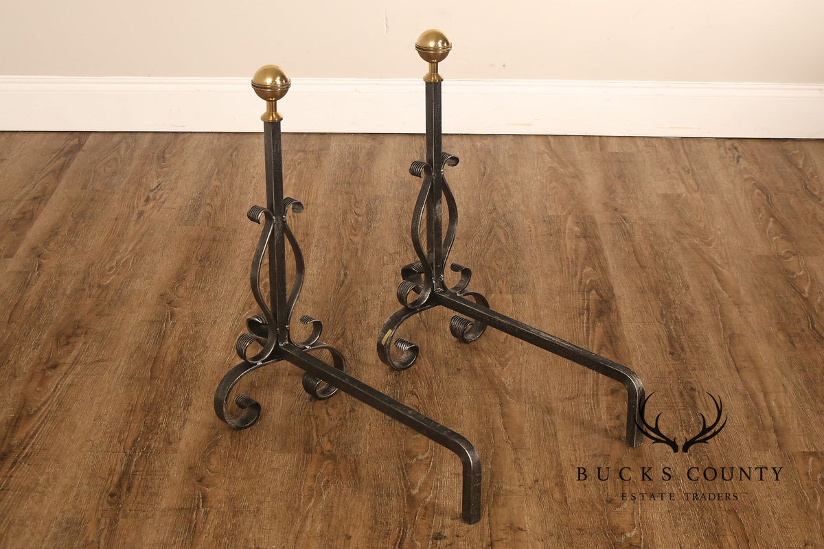 Pair of Italian Wrought Iron And Brass Fireplace Andirons
