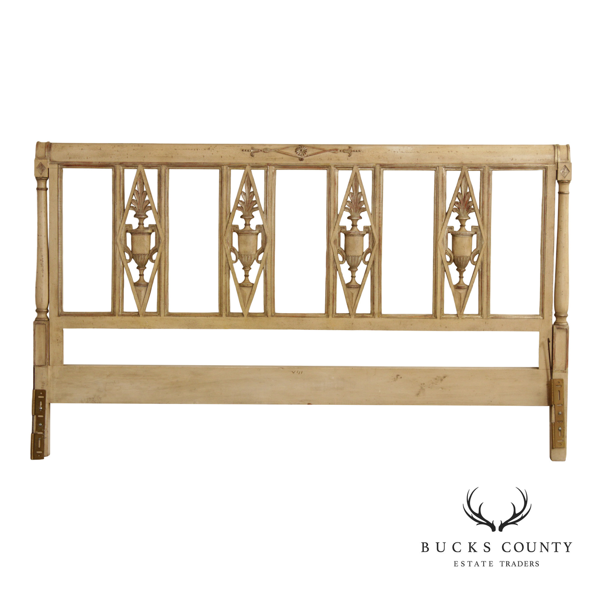French Neoclassical Directoire Style Distress Painted King Headboard