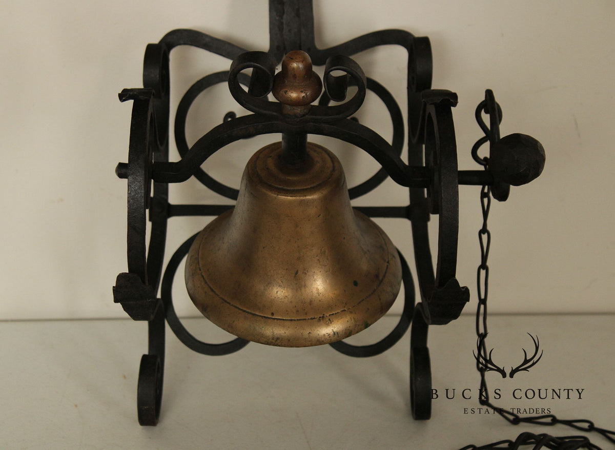Antique Wrought Iron and Brass Wall-Mounted Bell