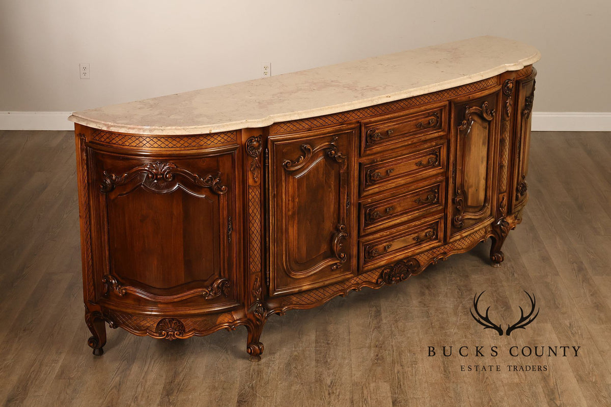 French Louis XV Style 106" Long Marble Top Walnut Sideboard