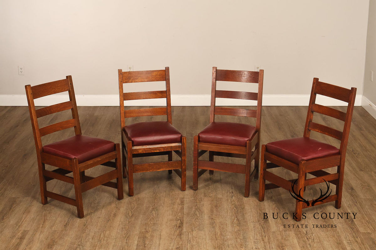 Antique L. & J. G. Stickley Set Of Four Oak Ladder Back Dining Chairs  #800