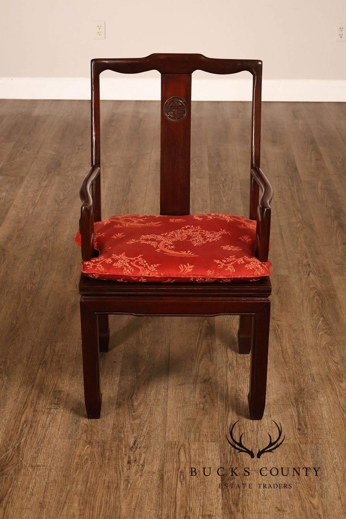 Asian Style Set Of Ten Rosewood Dining Chairs With Red Silk Cushions