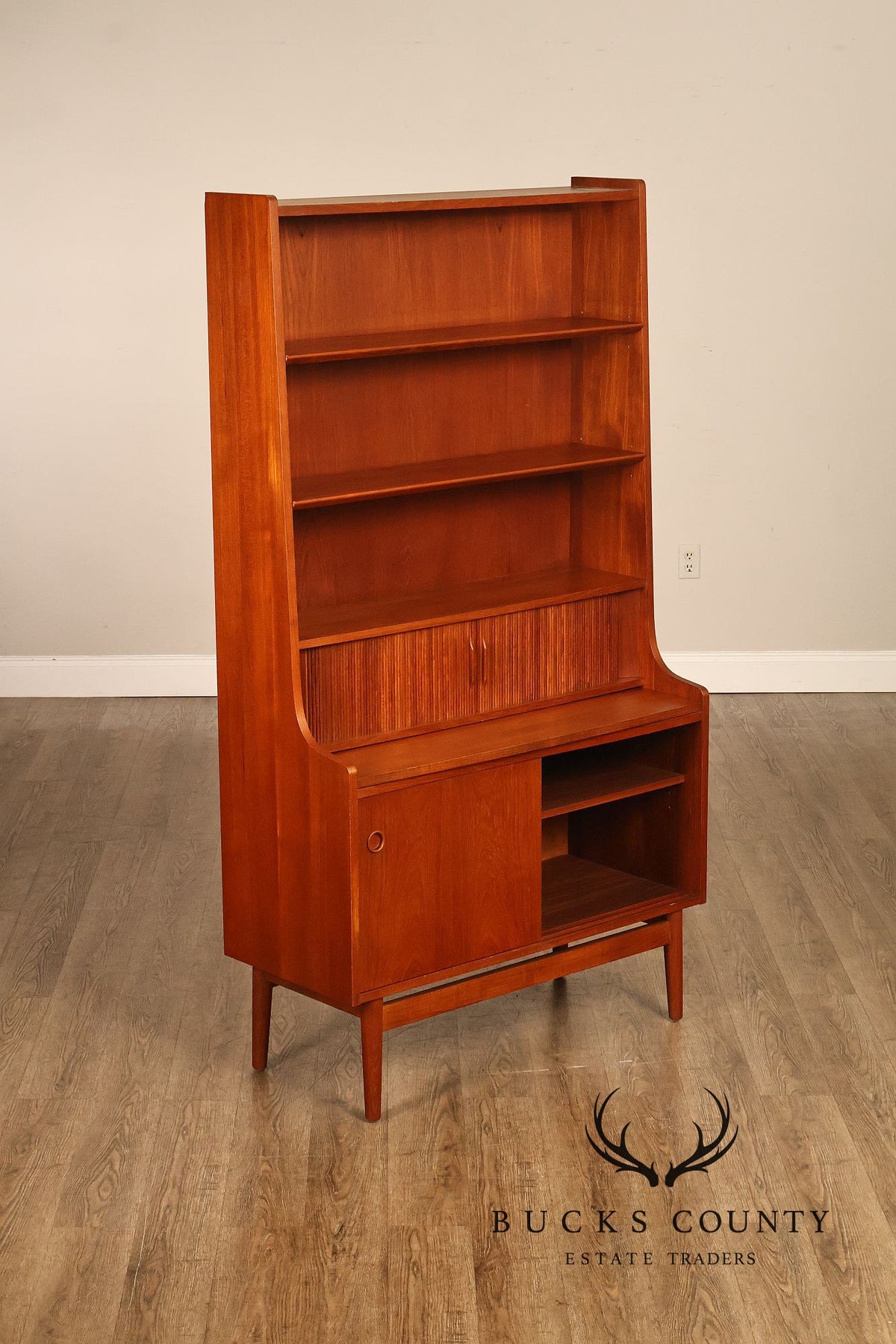 Johannes Sorth for Bornholm Mobelfabrik Danish Teak Tambour Door Secretary Desk Bookcase