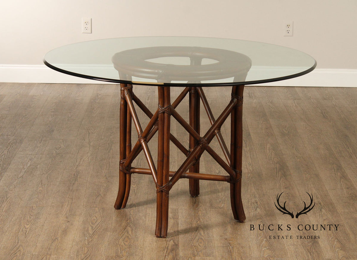 Hollywood Regency Round Glass Top Rattan Dining Table