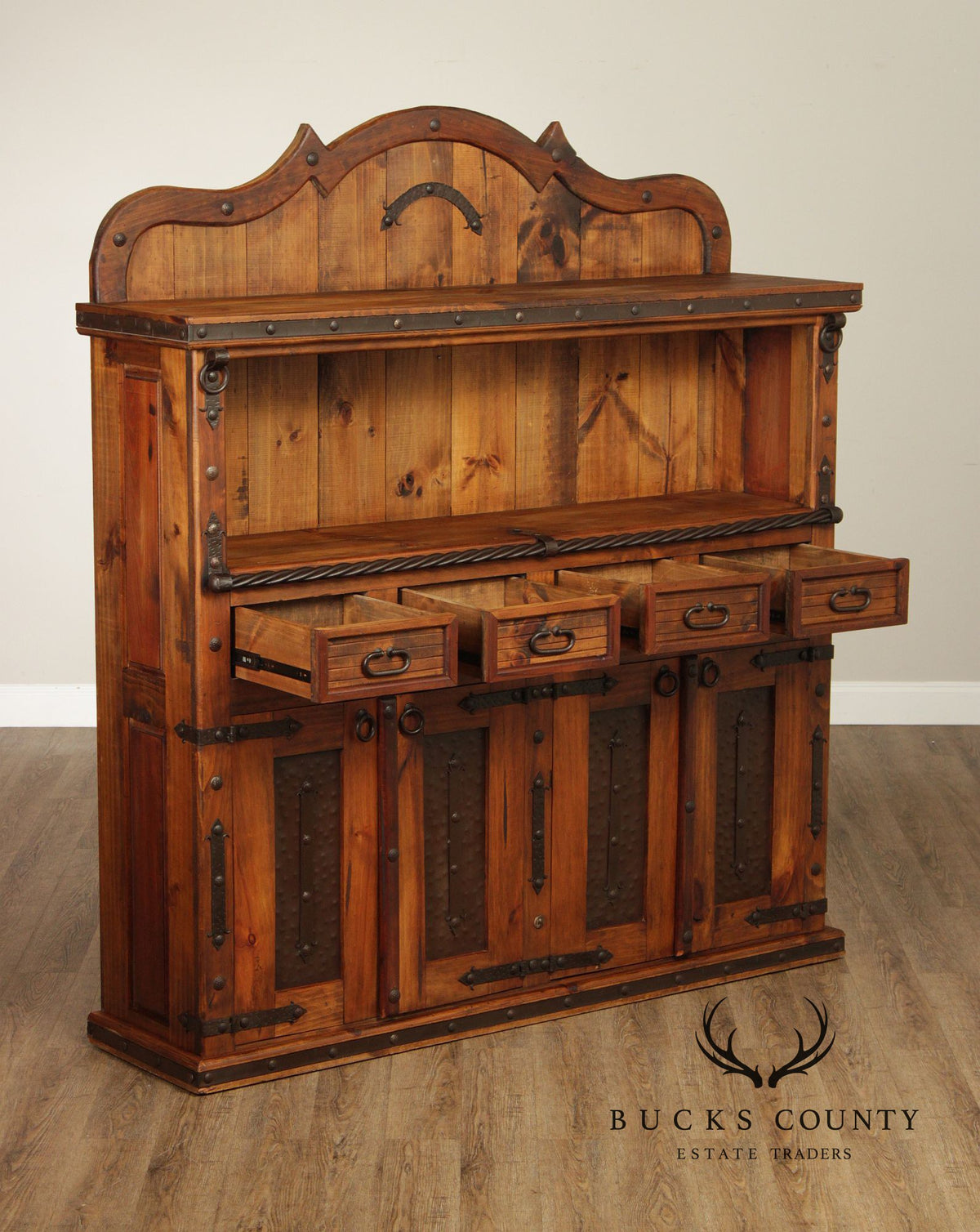 Rustic Spanish Colonial Style Pine Iron Mounted Sideboard Hutch