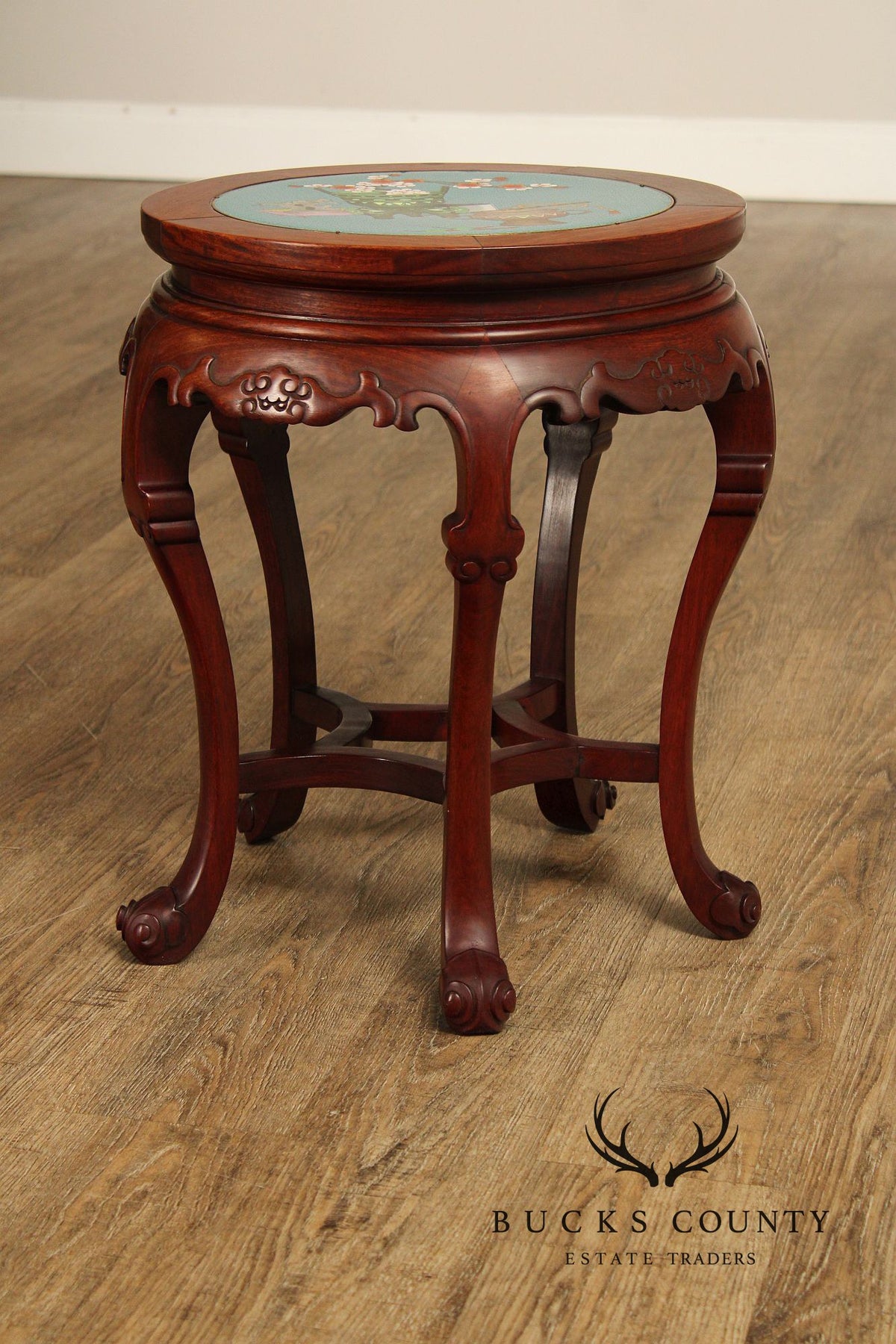Pair of Chinese Style Cloisonné Inset Top Hardwood Accent Tables