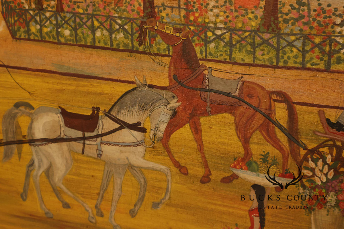 Original Mexican Oil Folk Art Garden And Carriage Scene Painting By R Torres