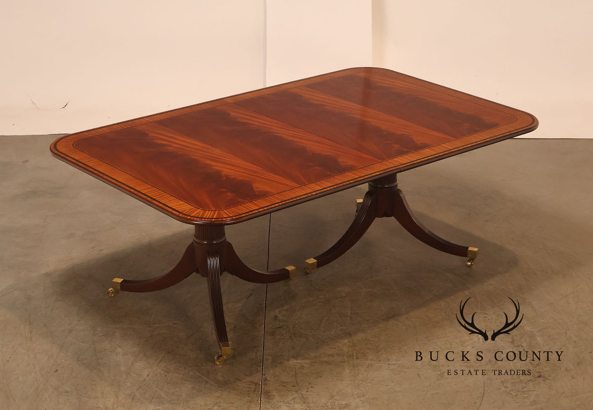 Baker Furniture Mahogany Banded Double Pedestal Extension Dining Table With Three Leaves