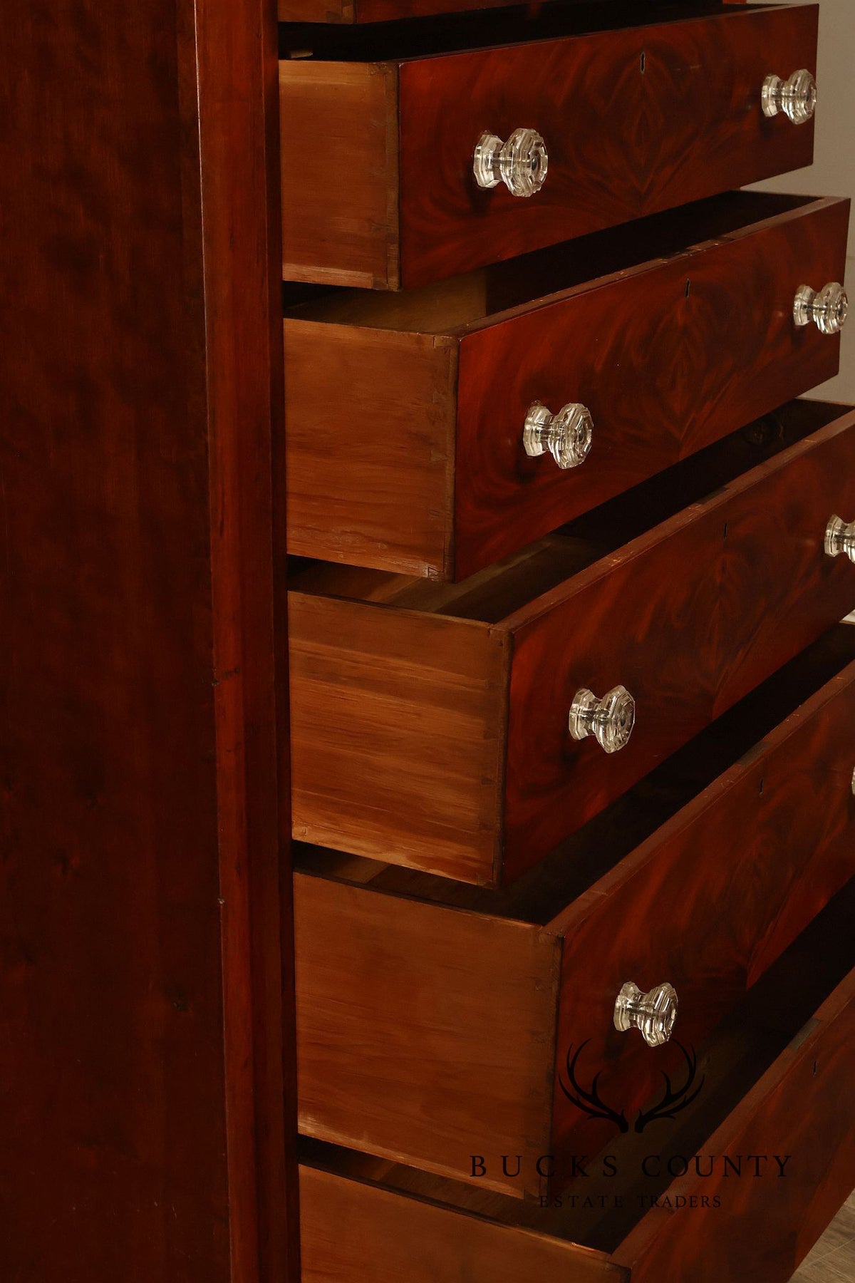 Antique American Classical Mahogany Tall Chest Of Drawers With Glass Knobs