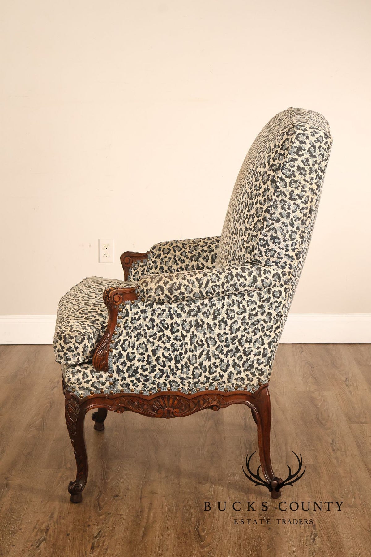 Vintage French Louis XV Style Carved Wood Leopard Upholstered Bergere Armchair
