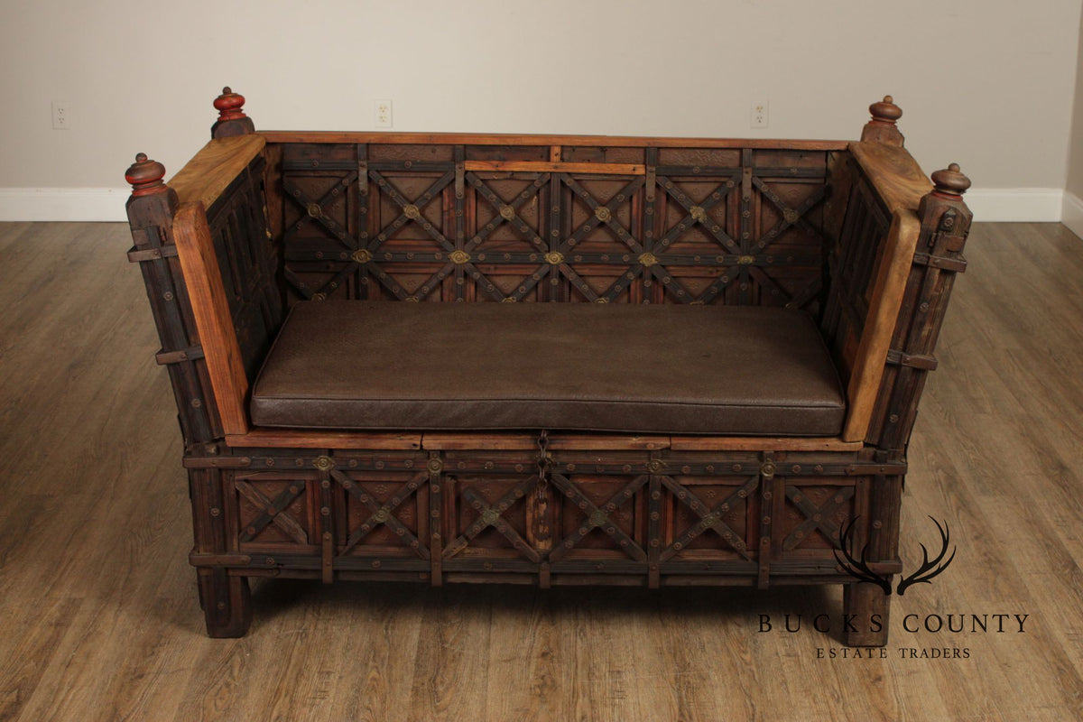 Antique Indian Teak Dowry Chest Settee